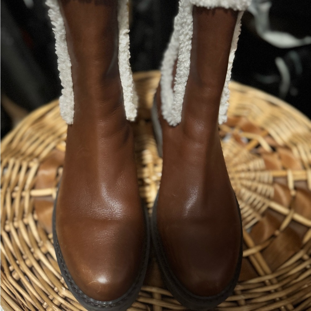 Calvin Klein Brown Leather Winter Ankle Boots with White Shearling Trim